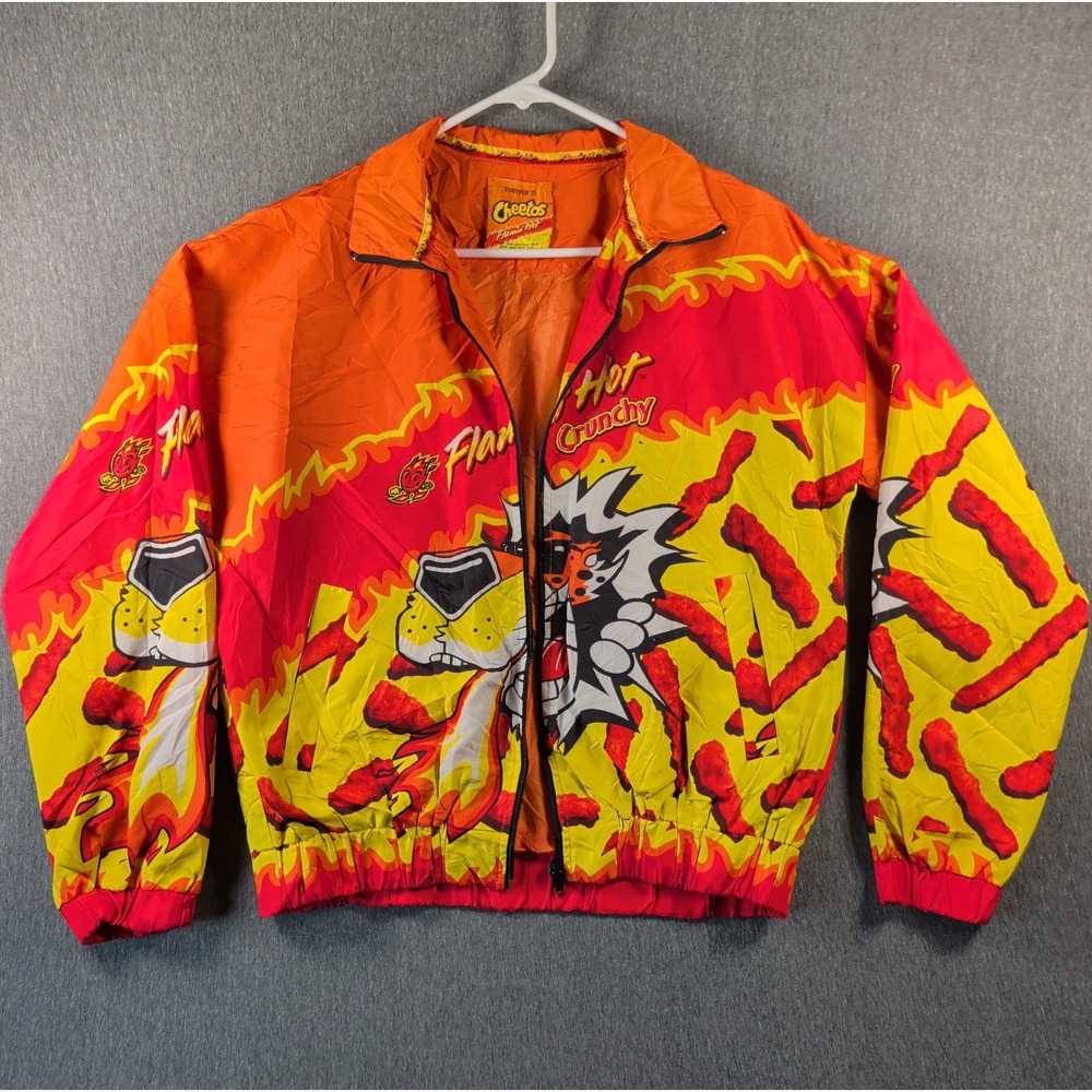 Flamin Hot Cheetos Jacket Sz M Forever 21 Windbreaker Chester Cheetah RARE AOP